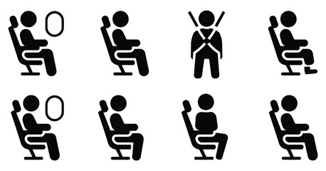 People sitting in seats with seatbelts icons showing different travel positions, passenger safety pictograms for car plane and public transport, clean vector set with clear human figures and restraint © gevan