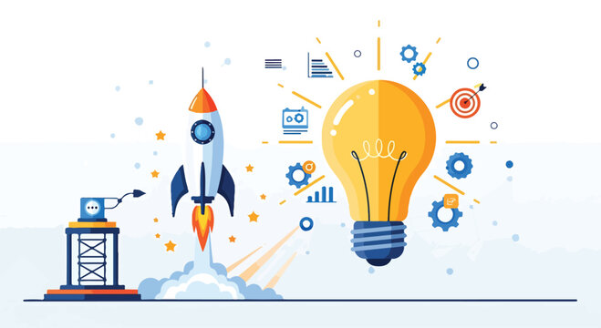 A rocket launching near a large lightbulb with various icons
