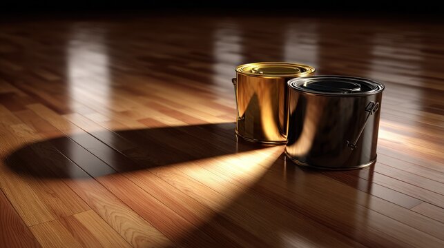 Metallic paint cans on a wooden floor with dramatic lighting and shadows