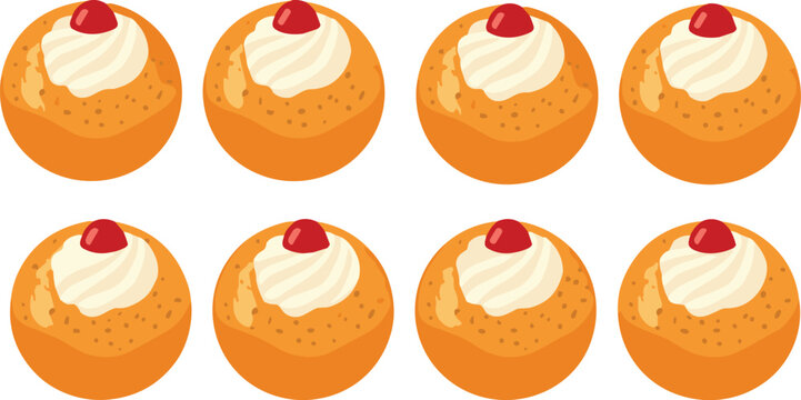 Sweet Cartoon Choux Pastries with White Cream and Cherry Toppings Collection