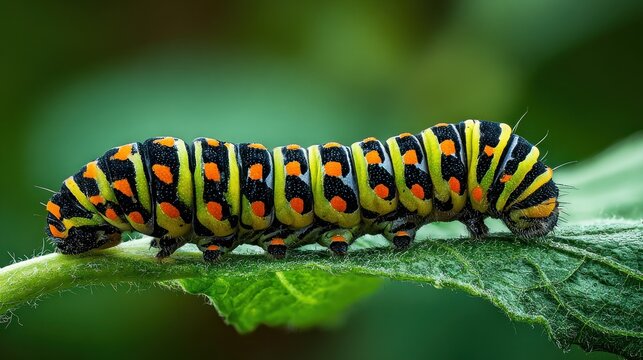 Vibrant caterpillar resting on green leaf nature macro photography