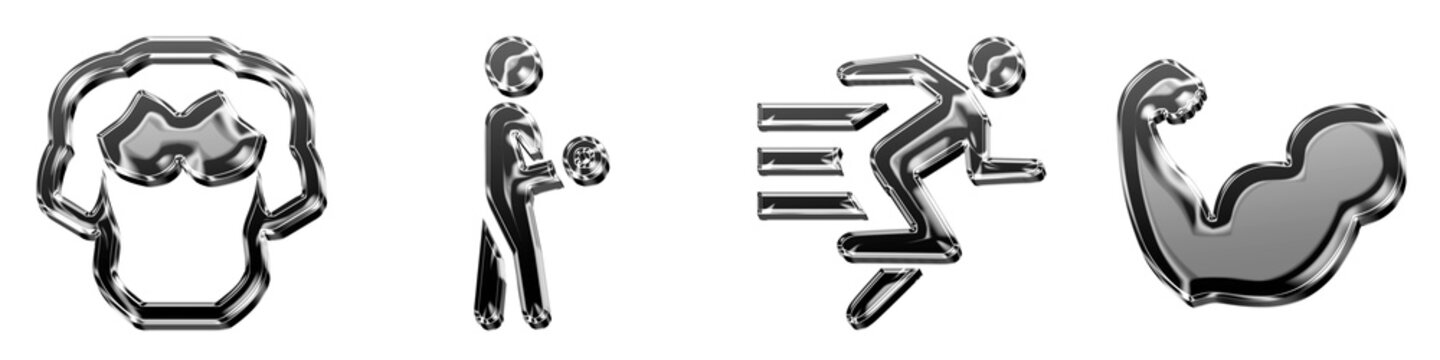 Set 3D volumetric chest, curls with dumbbells, exercise, and flex biceps pictograms. Fitness gym workout and healthy exercise. Glossy icon illustration.