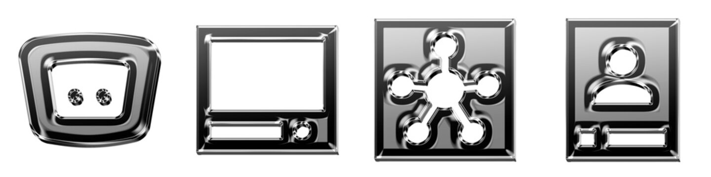 3D glossy icon set - cisco router, computer, hub, and individual server. Network connection and digital technology. 3D illustration on transparent background.