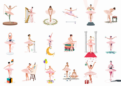 Collection of whimsical ballerina illustrations in various artistic and fairytale-inspired scenes, featuring dancers in pink tutus and elegant poses.
