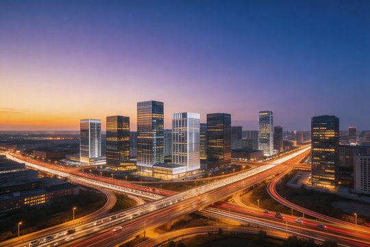 City skyline with illuminated buildings and highways