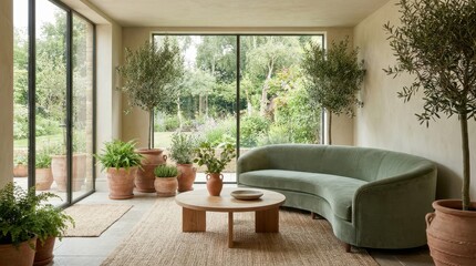Fototapeta premium Serene living room with curved sofa and potted olive trees overlooking a lush garden