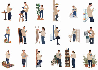 Fototapeta premium Vector illustration set of diverse people using tablets for digital drawing, design, and work in various cozy indoor environments.