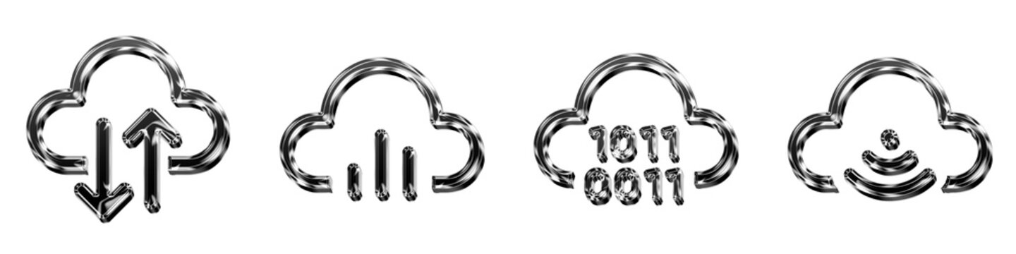 Set 3D gradient cloud backup restore, cloud bar chart, cloud binary code, and cloud broadcasting pictograms. Cloud networks and data storage computing. Glossy icon illustration.