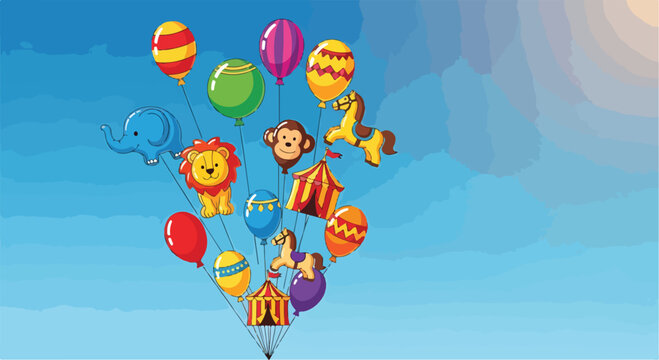 Colorful balloons and animals float in the sky