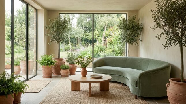 Serene living room with curved sofa and potted olive trees overlooking a lush garden