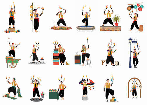 Diverse set of illustrations featuring male and female performers juggling flaming torches and balancing fire in traditional marketplace settings.