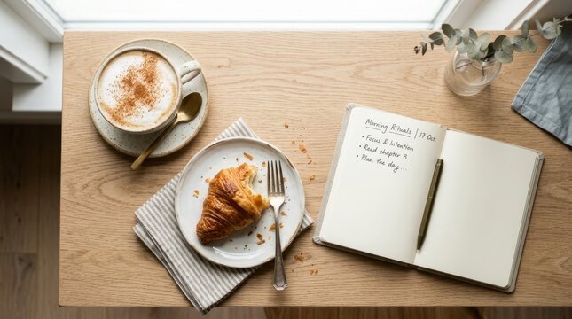 Cozy morning ritual with coffee, croissant, and journal on a wooden table