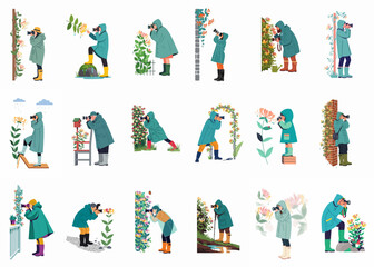 Fototapeta premium Set of diverse people in raincoats and boots photographing blooming flowers and nature during rainy weather, isolated vector illustrations.