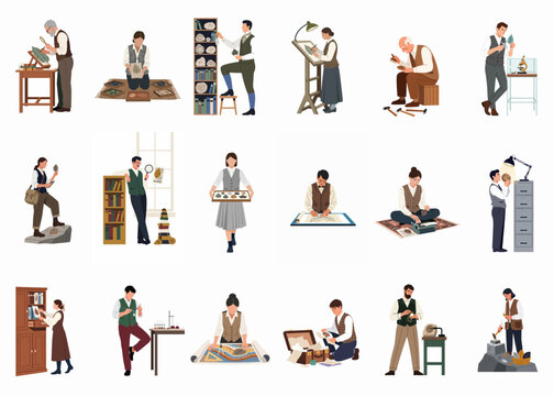Collection of Vintage Style Illustrations Featuring Naturalists, Paleontologists, and Researchers Engaged in Botanical and Geological Studies