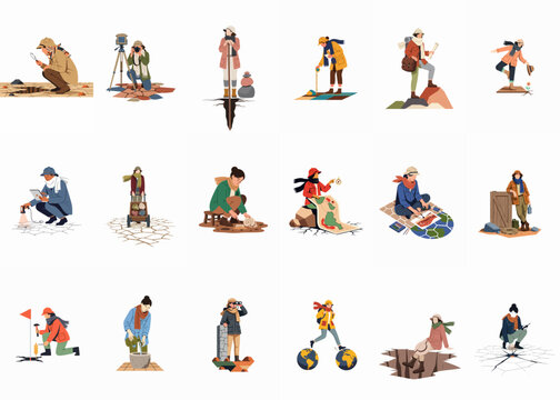 A diverse collection of flat vector illustrations showing researchers, geologists, and explorers engaged in fieldwork, fossil excavation, mapping, and scientific environmental studies.