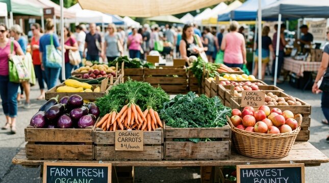 Fresh produce displayed at a bustling outdoor farmer's market on a sunny day
