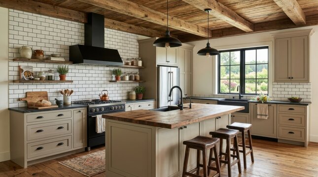 Rustic farmhouse kitchen with wooden beams and subway tile backsplash