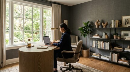 Fototapeta premium Woman working on laptop in a stylish home office with large windows and natural light