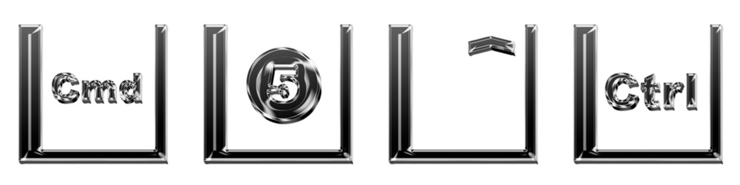 Isolated 3D crystal cmd, coins button, control, and ctrl icons with indigo purple gradient. Keys icon collection and design. Render illustration. Vibrant colors and soft shadows.