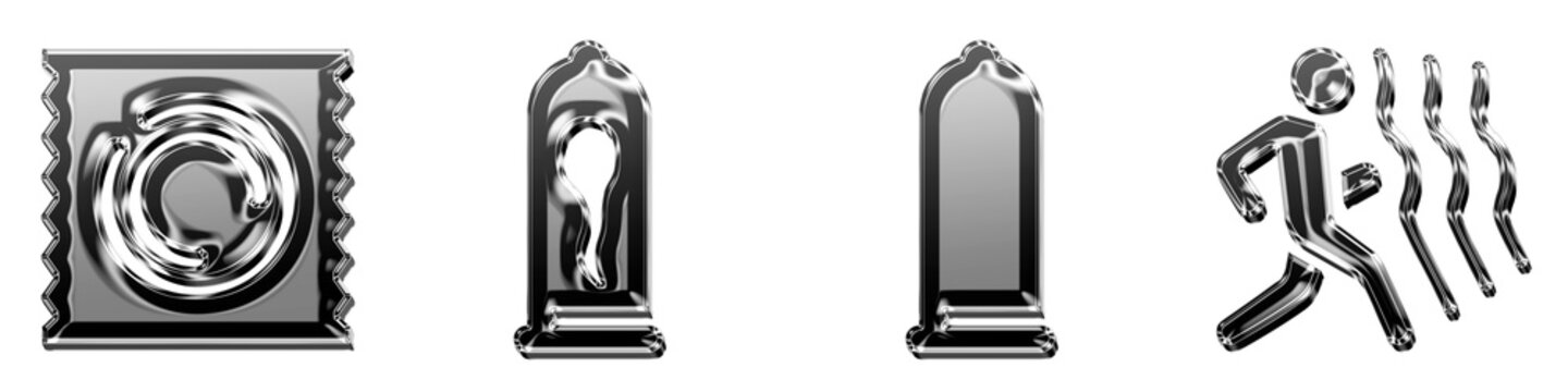 3D icon bundle liquid glass style - condom package, condom used, condom, and deceleration of runner. Medical healthcare treatment and patient care. High quality render design.