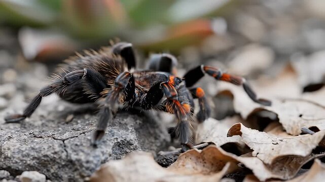 Close-up of a vibrant Mexican Red Knee Tarantula spider on rocky ground macro