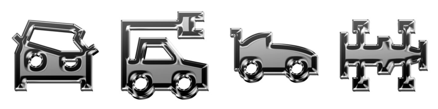 Set 3D isometric crashed car, electric vehicle, f1 race car side view, and f1 race car top veiw pictograms. Cars icon collection and design. Glossy icon illustration.