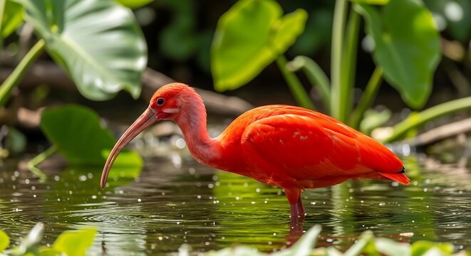 Scarlet ibis bird standing in water among green foliage outdoors