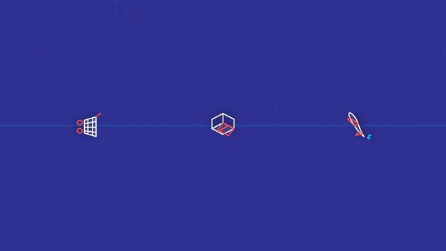 Animated Icons Move Across a Blue Grid Background with Dotted Lines
