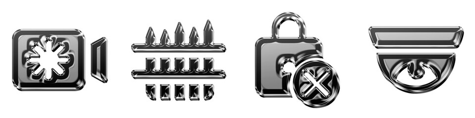 3D rendered plastic icon pack featuring day camera, defensive wood wall, delete lock, and dome camera. Fluent system filled property protection icon collection and design. Modern. © Montaha Hossain