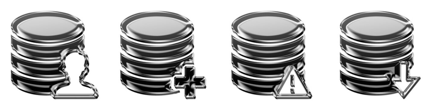 Gradient style 3D icons of data provider, data recovery, database error, and database export on transparent background. Database operations icon collection and design. Vibrant.