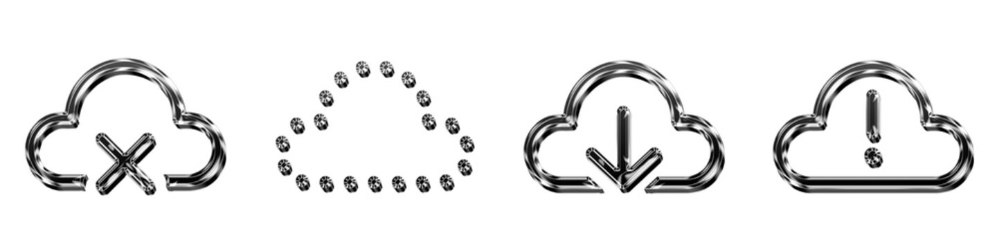 Plastic style 3D icons of delete from cloud, dotted cloud, download from cloud, and error cloud on transparent background. Network connection and digital technology. Vibrant.