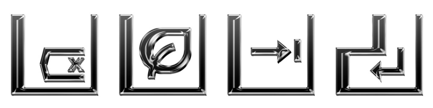 Crystal style 3D icons of delete key, ecology button, end button, and enter key on transparent background. Keys icon collection and design. Vibrant illustration.