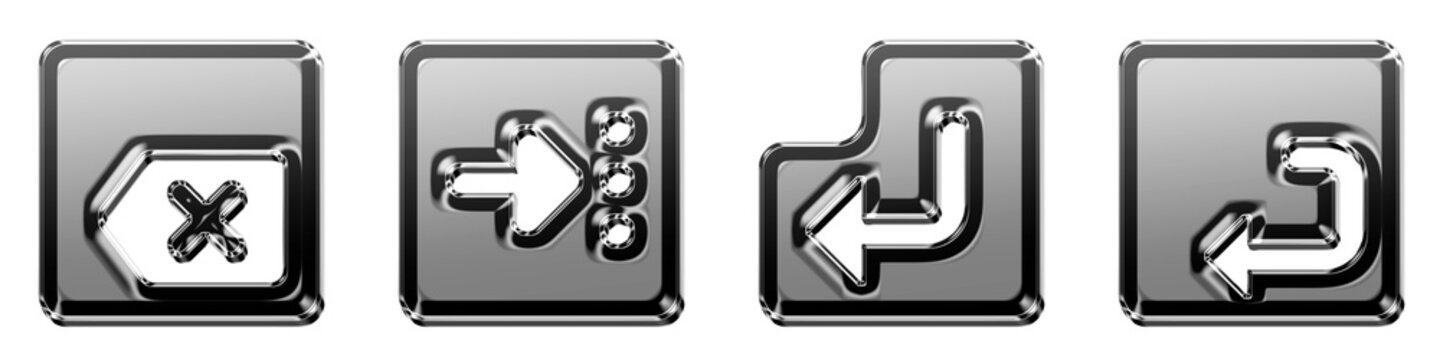 3D rendered isometric icon pack featuring delete key, end button, enter key, and enter mac key. Keyboard keys icon collection and design. Modern icon design.