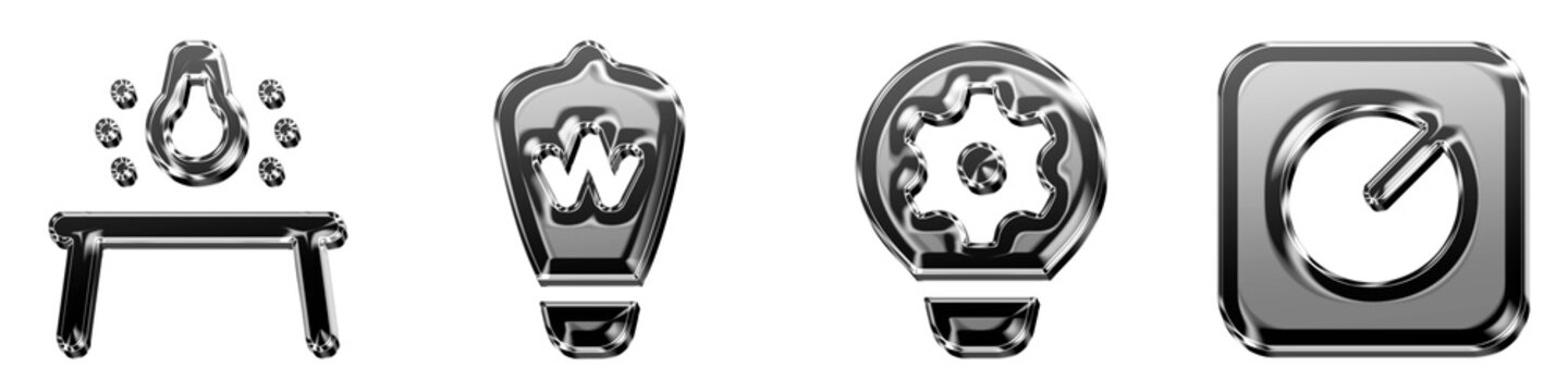 3D rendered plastic icon pack featuring dining table light, edison bulb, light automation, and light dimmer. Fluent system filled lighting icon collection and design. Modern icon.