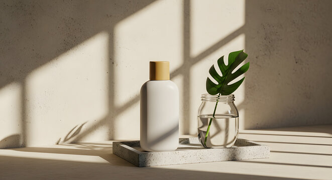 Minimalist Cosmetic Bottle Mockup with Monstera Leaf Natural Light Aesthetic