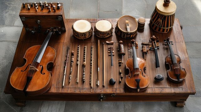 Antique musical instruments on wooden table outdoors