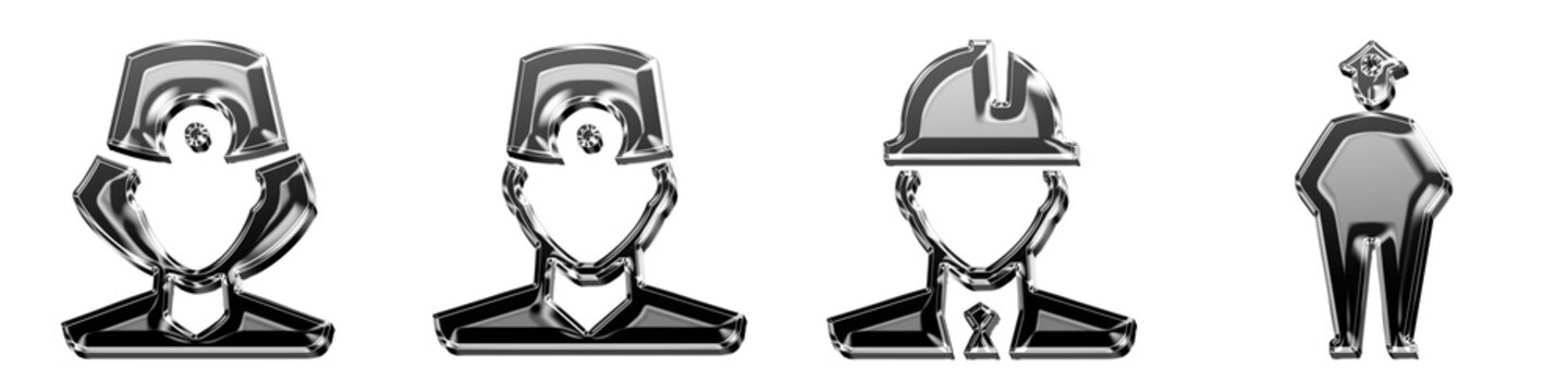 Isolated 3D metallic doctor female, doctor male, engineer, and fat cop icons with crimson red gradient. Occupation icon collection and design. Render illustration.