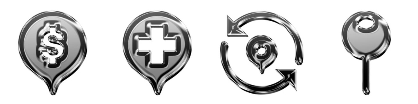 3D rendered liquid glass icon pack featuring dollar place marker, find clinic, location update, and map pin. Map pin icon collection and design. Modern icon design.