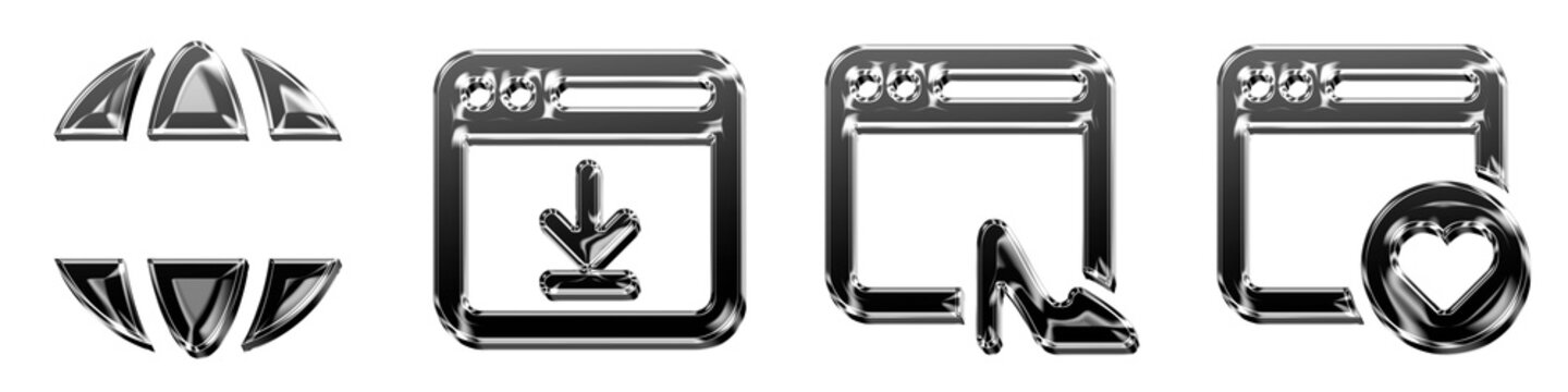 3D metallic icon set - domain name, download via bowser, fashion portal, and favourite website. Web websites and internet interfaces. 3D illustration on transparent background.