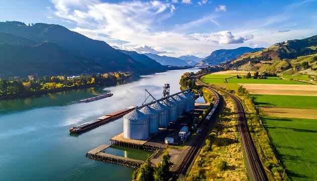 River-side grain silos near railroad tracks, with lush fields, mountains, and blue sky