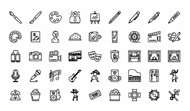 Art and entertainment outline icon set with editable stroke creative media music cinema and performance symbols collection