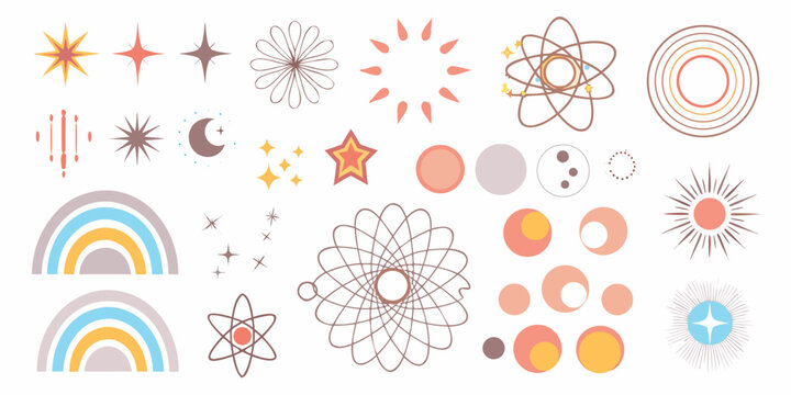 Celestial pattern with stars moons and atomic shapes vector illustration