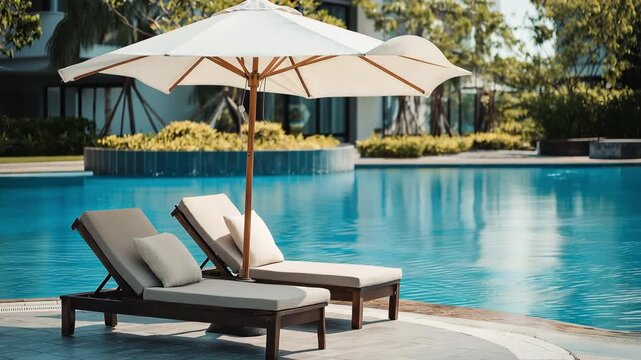 A resort pool with two lounge chairs and a white umbrella that invites peaceful rest and summertime fun