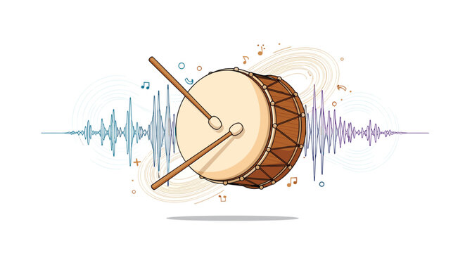 Large wooden drum being played with two sticks surrounded by colorful abstract sound waves and floating musical notes.