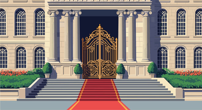 Grand entrance of a neoclassical building featuring a wide staircase with a red carpet leading to an ornate golden gate.