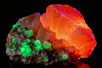 Obraz premium Vertical Macro of Fluorescent Calcite and Willemite Minerals Glowing Orange Red and Green Under UV Light 