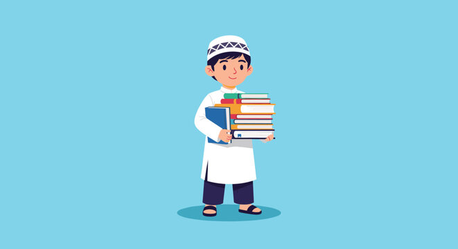 Young Muslim boy wearing a white thobe and kufi cap stands proudly while holding a tall stack of colorful books on a blue background.