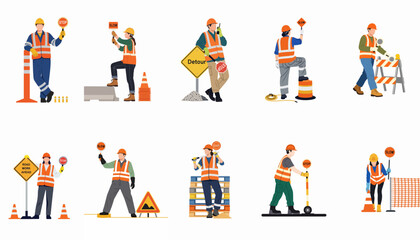 Collection of road construction workers in safety vests holding stop and slow signs, featuring various poses with traffic cones and roadwork equipment. © Andres