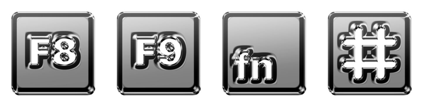 Volumetric style 3D icons of f8 key, f9 key, function mac, and hashtag key on transparent background. Keyboard keys icon collection and design. Vibrant illustration.
