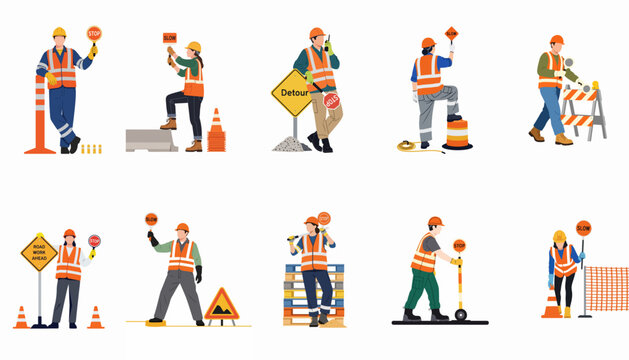 Collection of road construction workers in safety vests holding stop and slow signs, featuring various poses with traffic cones and roadwork equipment.